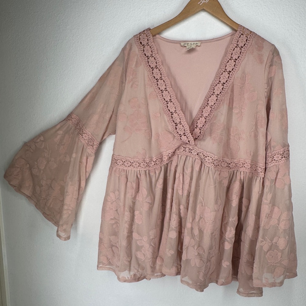FESTI Pink Floral Burnout Velvet Lace Trim Bell Sleeve Babydoll Blouse Size 1x